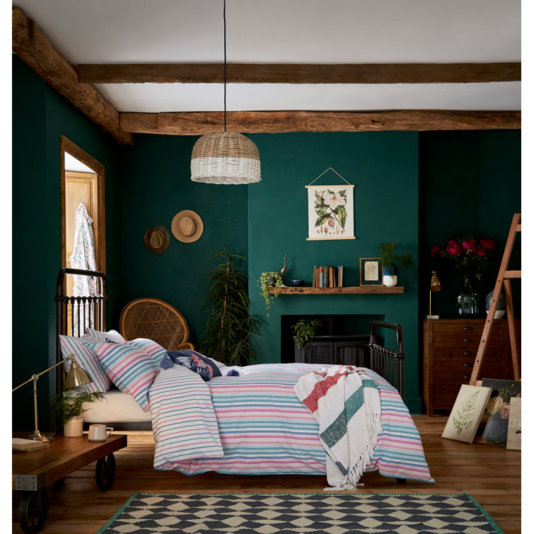 JOULES Lost Garden Stripe White/Green/Pink Percale 180 TC Reversible Duvet Cover Set Wayfair.co.uk